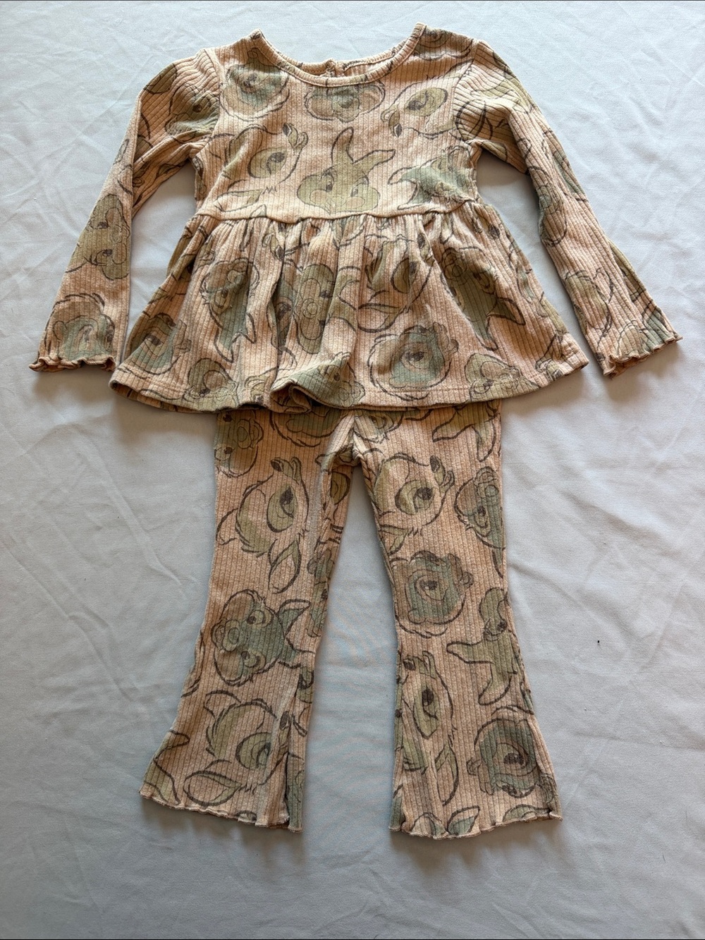 Disney Peach Floral Ribbed Set — Long Sleeve Peplum Top & Flared Pants